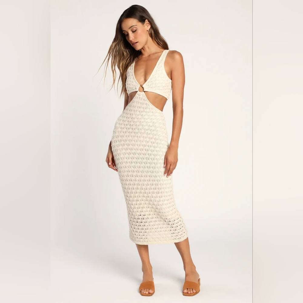 Lulus Beachside Bliss Ivory Knit Cutout Midi Dress
